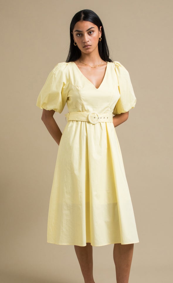 Poplin Puff Sleeve Belted Dress Lemon