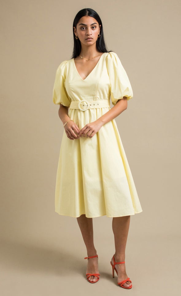 Poplin Puff Sleeve Belted Dress Lemon