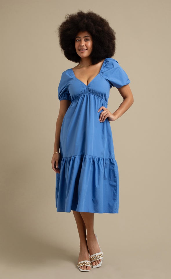 Poplin Puff Sleeve Dress Cornflower Blue