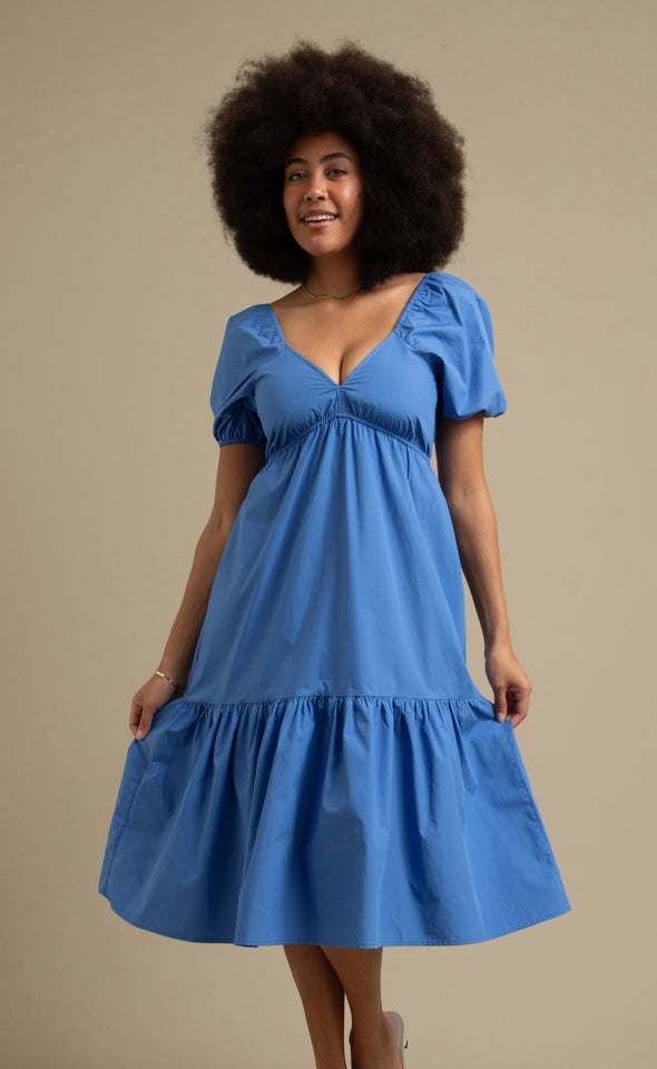 Poplin Puff Sleeve Dress Cornflower Blue