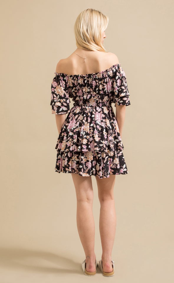 Poplin Ruffle Off Shoulder Dress Black/floral