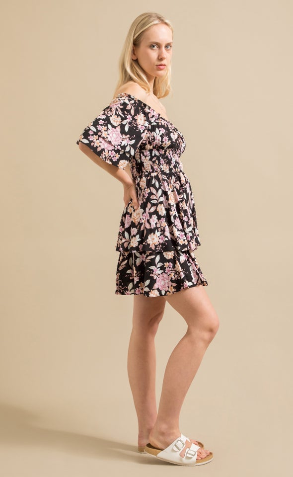 Poplin Ruffle Off Shoulder Dress Black/floral