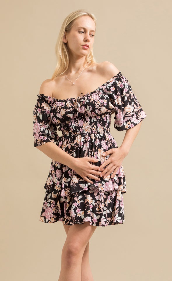 Poplin Ruffle Off Shoulder Dress Black/floral