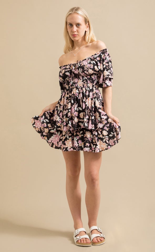 Poplin Ruffle Off Shoulder Dress Black/floral