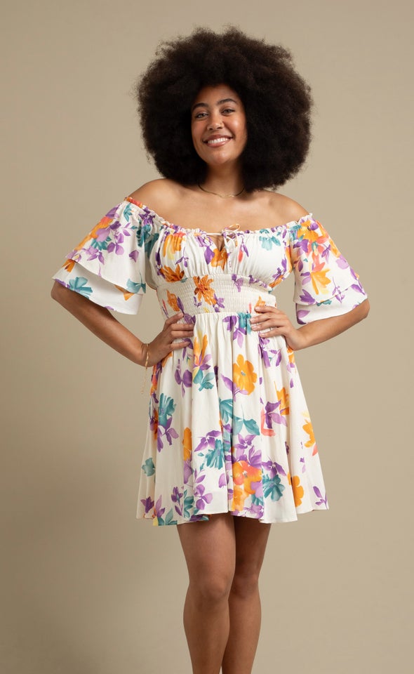 Poplin Ruffle Off Shoulder Dress Cream/purple Floral