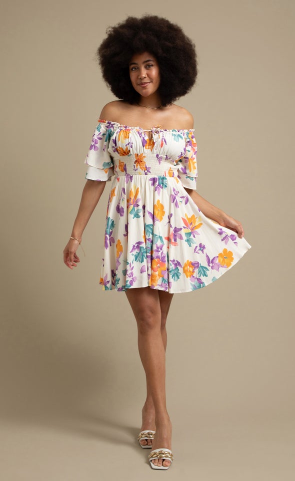 Poplin Ruffle Off Shoulder Dress Cream/purple Floral