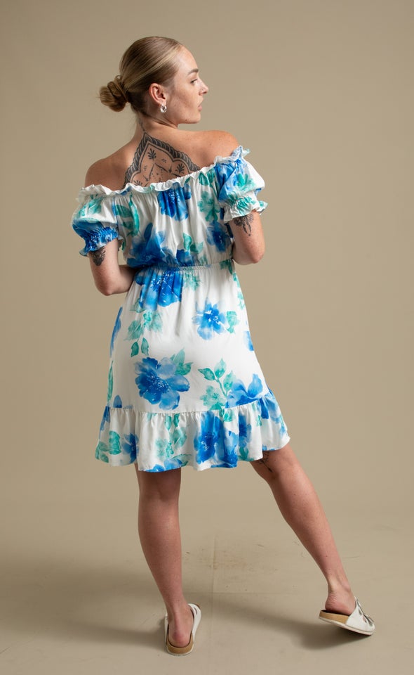 Poplin Ruffle Off The Shoulder Dress Cream/blue Floral