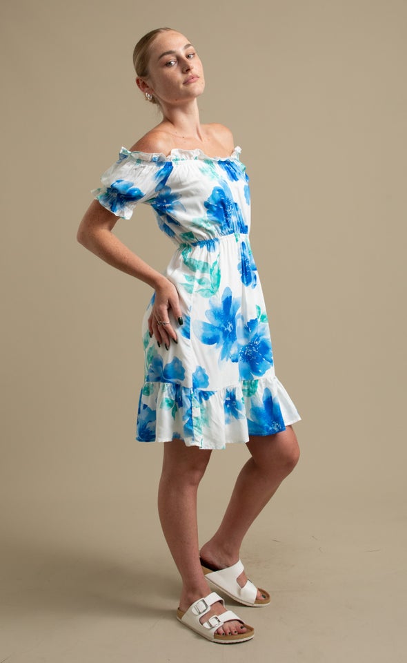 Poplin Ruffle Off The Shoulder Dress Cream/blue Floral