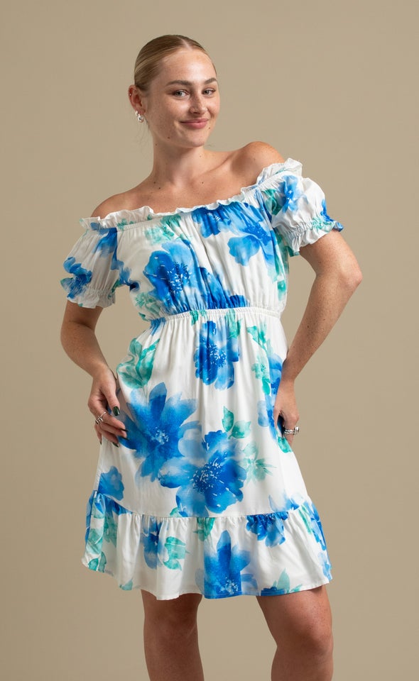 Poplin Ruffle Off The Shoulder Dress Cream/blue Floral