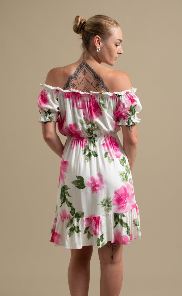 Poplin Ruffle Off The Shoulder Dress Cream/pink Floral