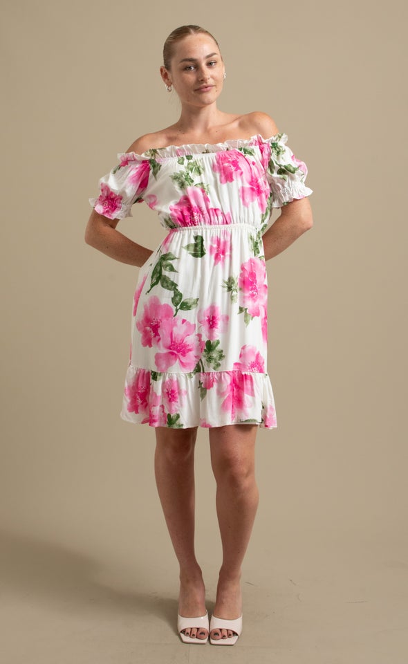 Poplin Ruffle Off The Shoulder Dress Cream/pink Floral