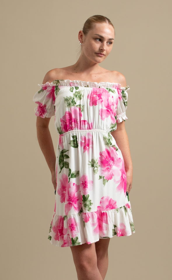 Poplin Ruffle Off The Shoulder Dress Cream/pink Floral