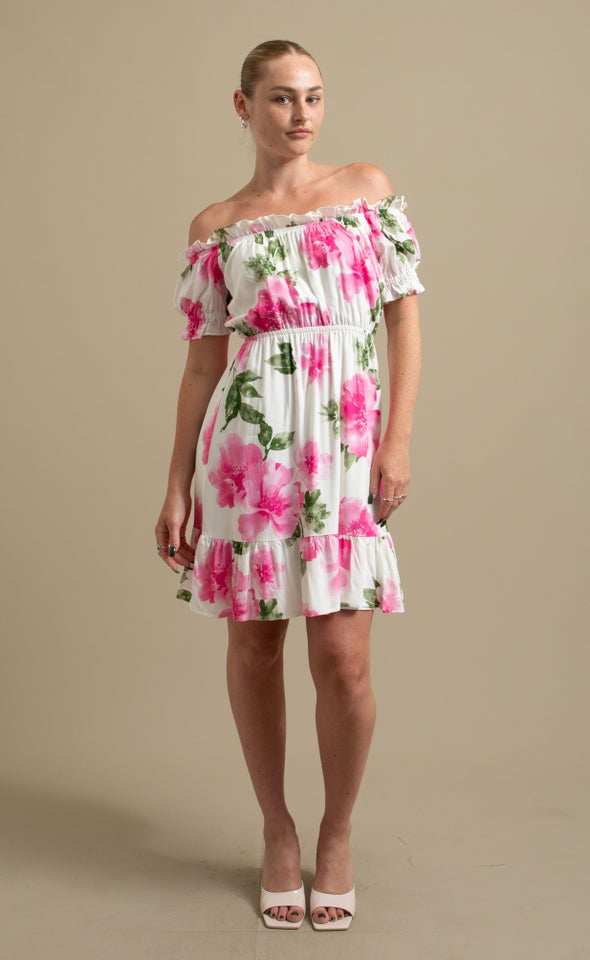 Poplin Ruffle Off The Shoulder Dress Cream/pink Floral