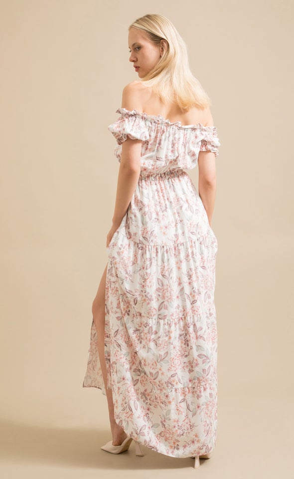 Poplin Ruffle Off The Shoulder Maxi Cream/blush Floral