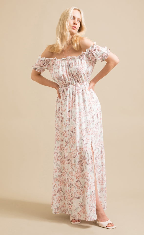 Poplin Ruffle Off The Shoulder Maxi Cream/blush Floral