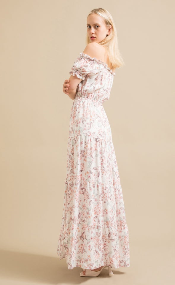 Poplin Ruffle Off The Shoulder Maxi Cream/blush Floral