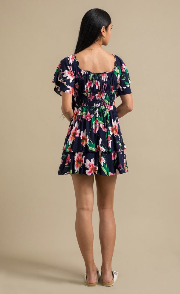 Poplin Ruffle Off The Shoulder Dress Navy/floral