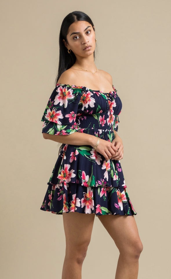 Poplin Ruffle Off The Shoulder Dress Navy/floral