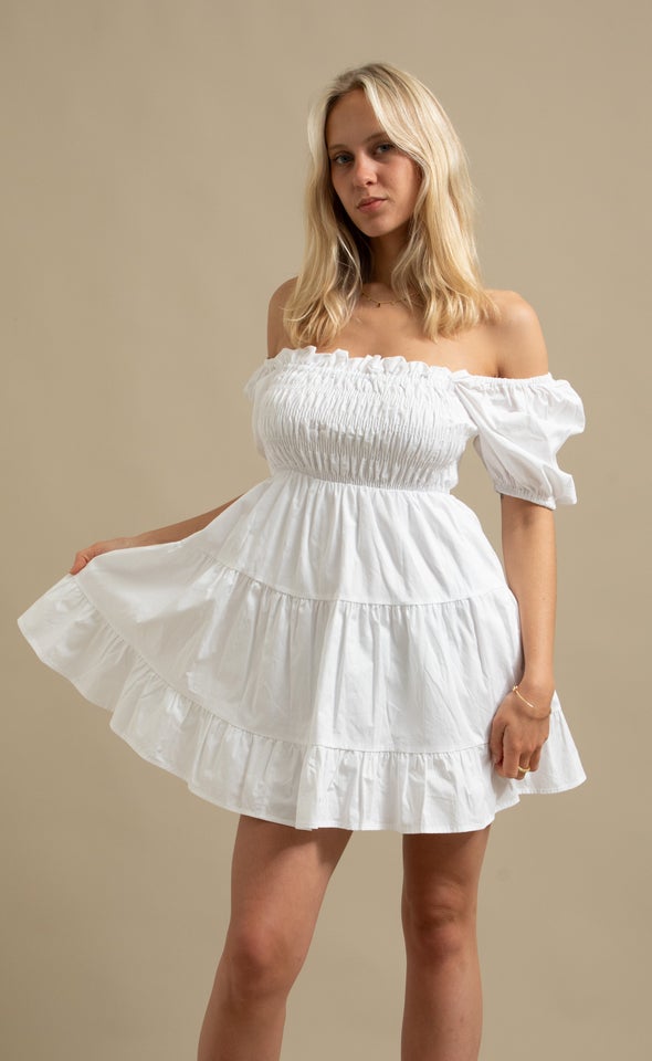 Poplin Shirred Puff Sleeve Dress Cream