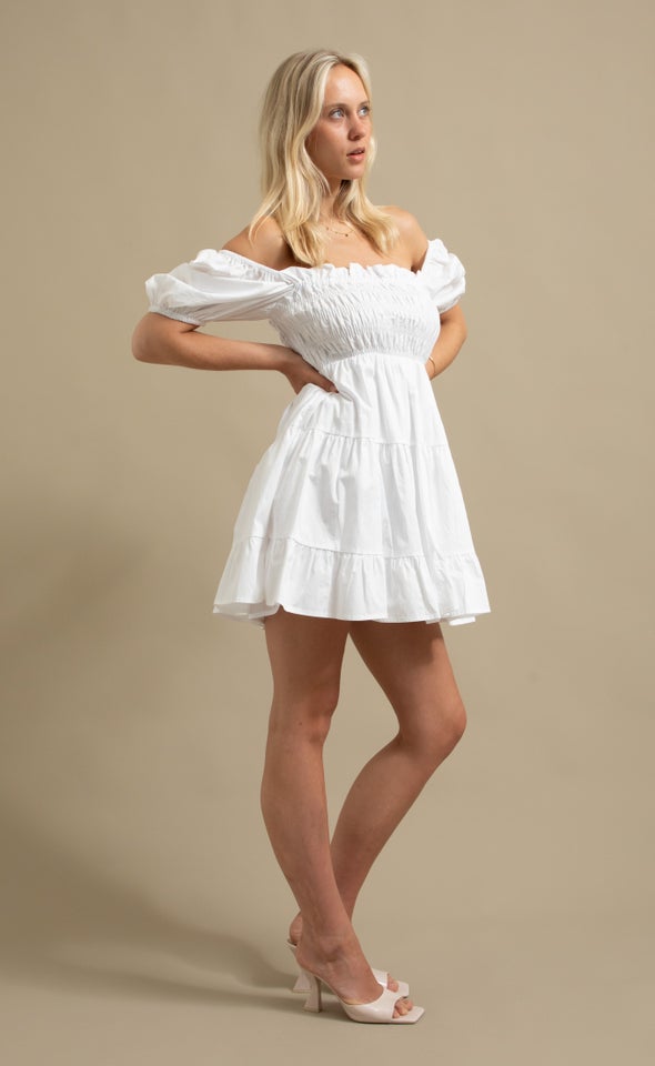 Poplin Shirred Puff Sleeve Dress Cream