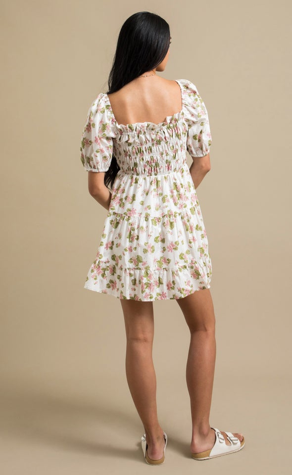 Poplin Shirred Puff Sleeve Dress Cream/floral