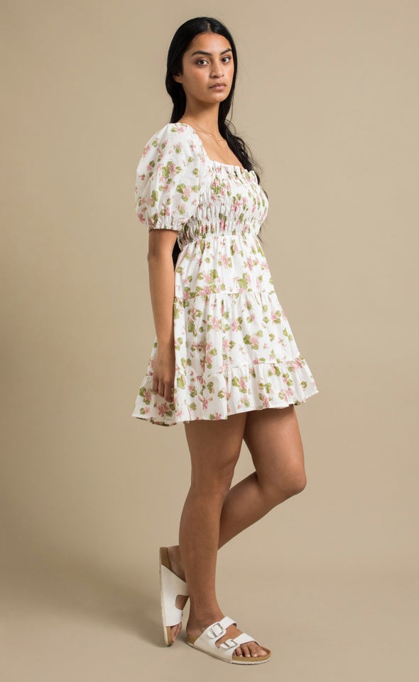 Poplin Shirred Puff Sleeve Dress Cream/floral