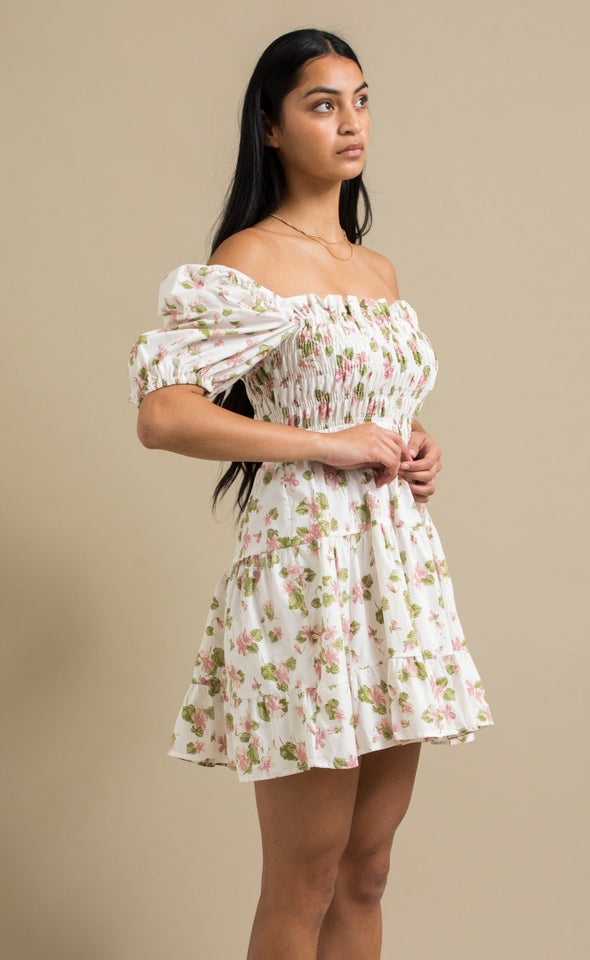 Poplin Shirred Puff Sleeve Dress Cream/floral