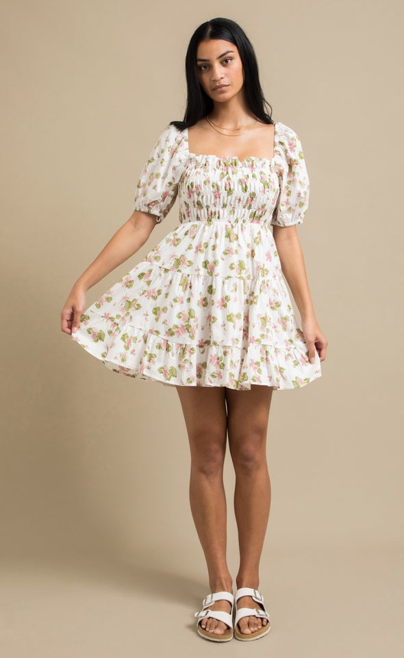 Poplin Shirred Puff Sleeve Dress Cream/floral