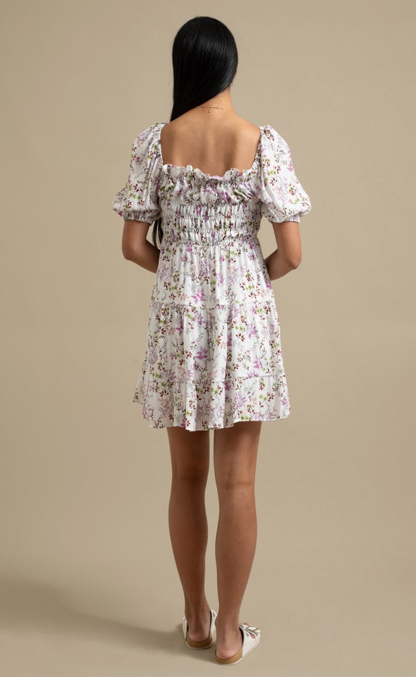 Poplin Shirred Puff Sleeve Dress Cream/multi Floral