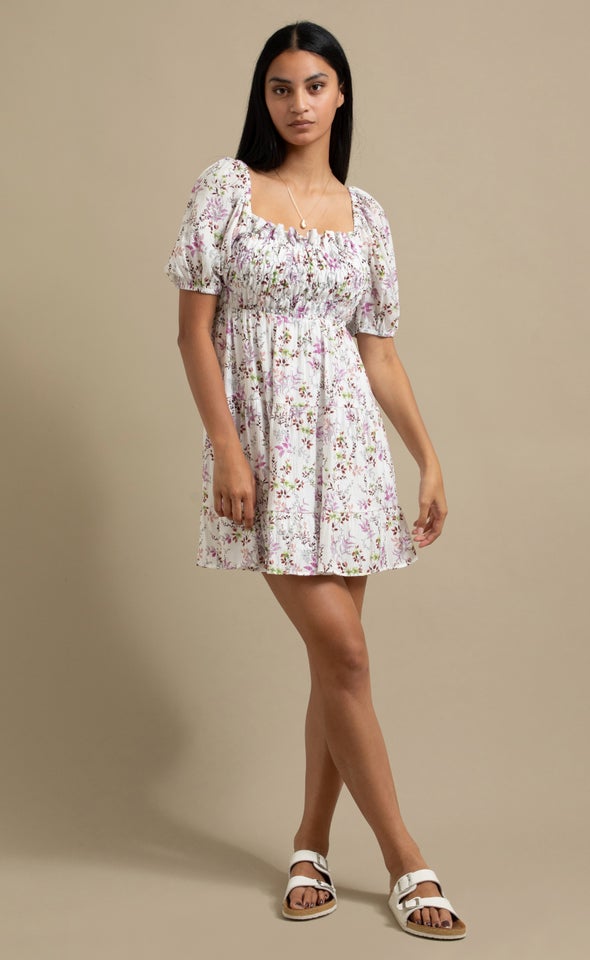 Poplin Shirred Puff Sleeve Dress Cream/multi Floral