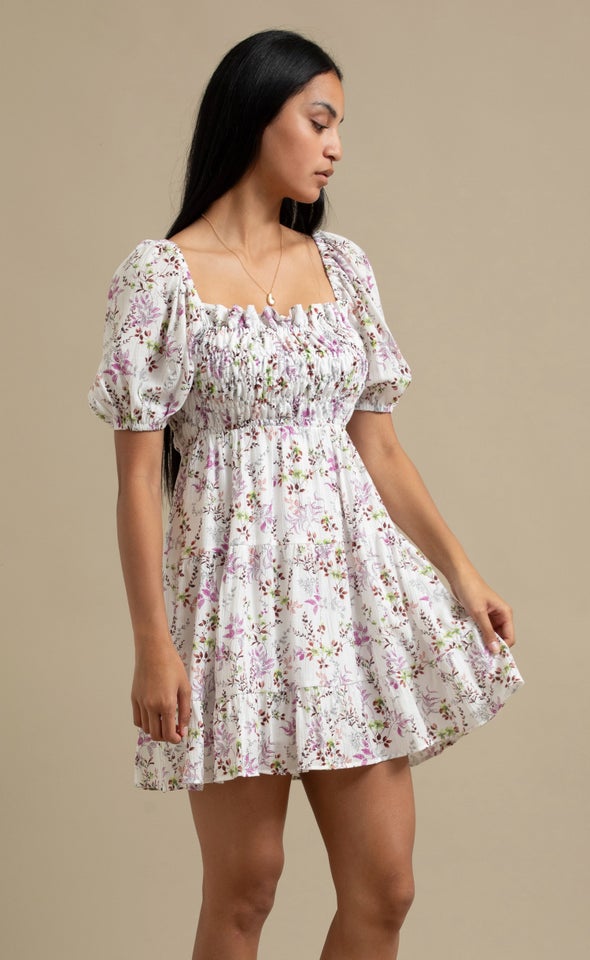 Poplin Shirred Puff Sleeve Dress Cream/multi Floral