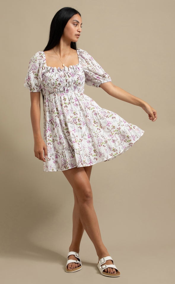 Poplin Shirred Puff Sleeve Dress Cream/multi Floral