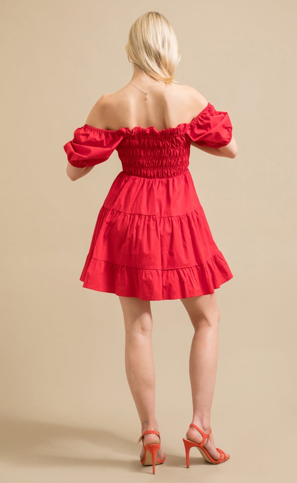 Poplin Shirred Puff Sleeve Dress Red