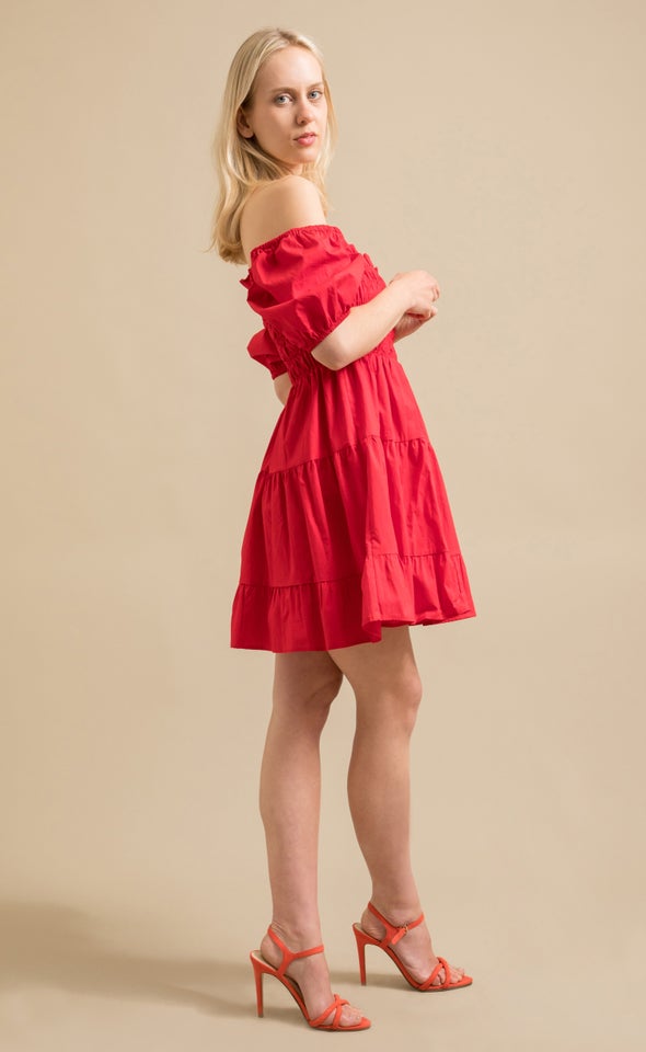 Poplin Shirred Puff Sleeve Dress Red