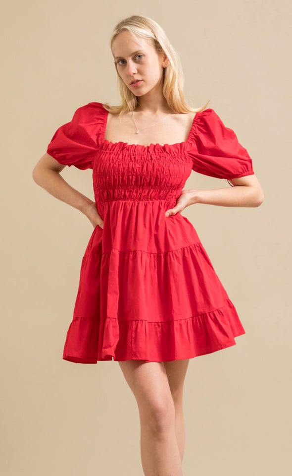 Poplin Shirred Puff Sleeve Dress Red