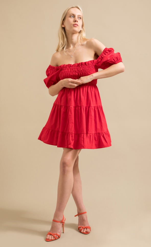 Poplin Shirred Puff Sleeve Dress Red