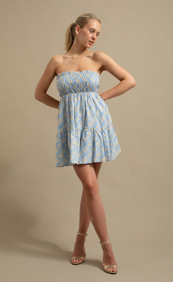 Poplin Shirred Strapless Dress Blue/floral