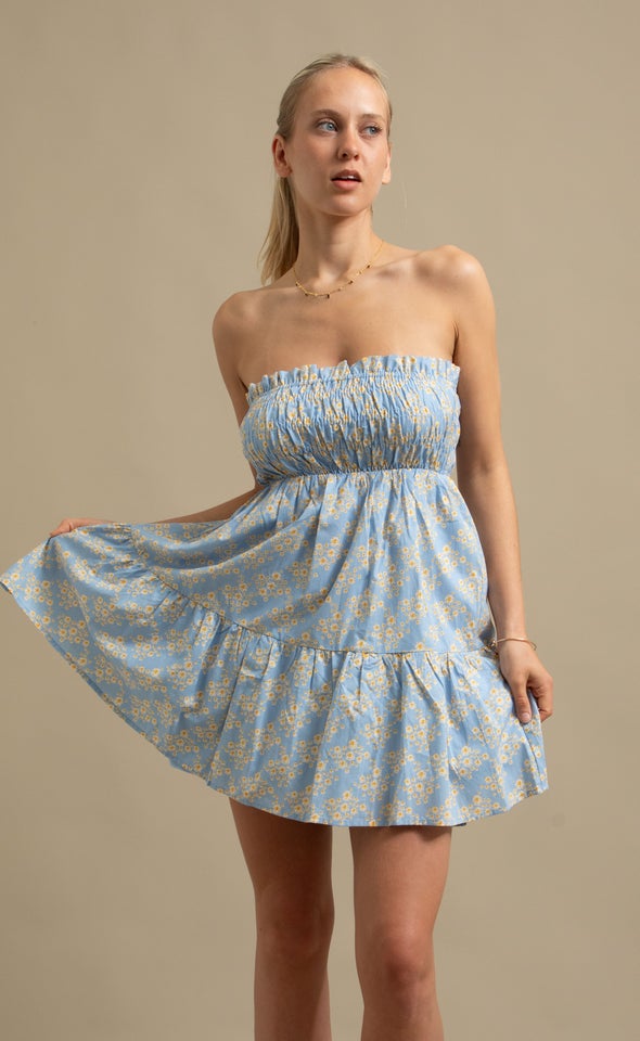 Poplin Shirred Strapless Dress Blue/floral