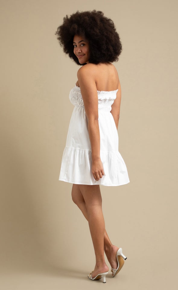 Poplin Shirred Strapless Dress Cream