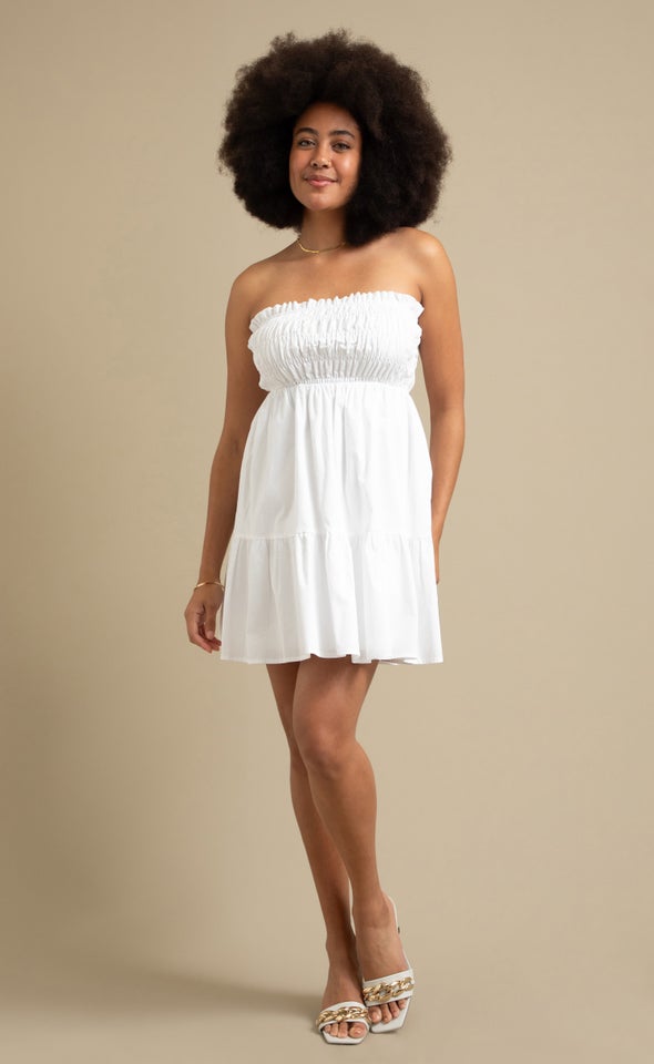 Poplin Shirred Strapless Dress Cream