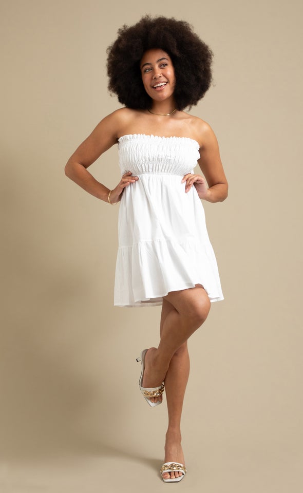 Poplin Shirred Strapless Dress Cream