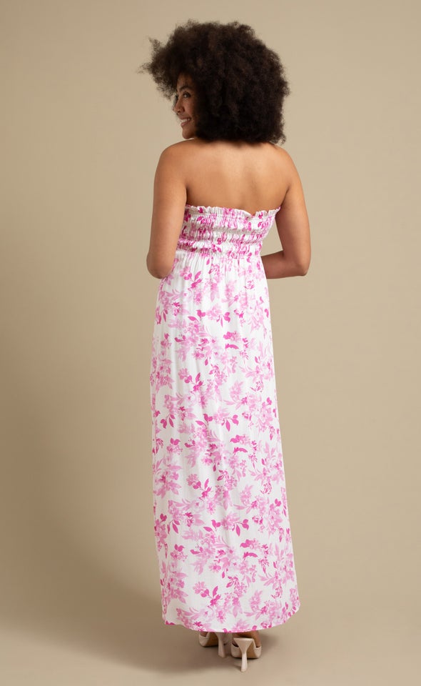 Poplin Shirred Strapless Maxi Cream/tropical