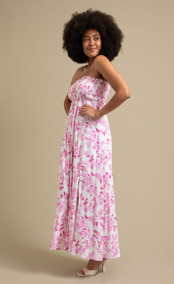 Poplin Shirred Strapless Maxi Cream/tropical