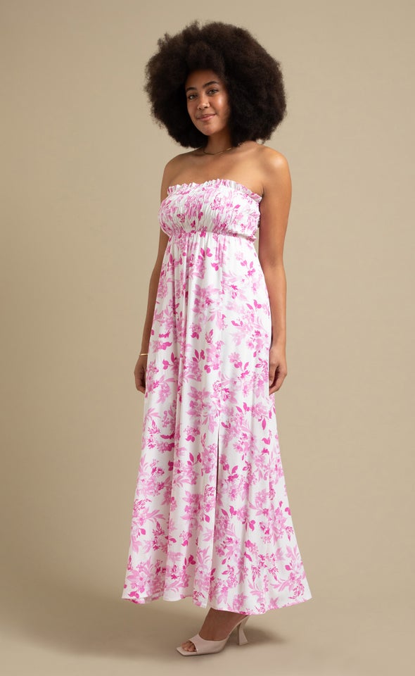 Poplin Shirred Strapless Maxi Cream/tropical