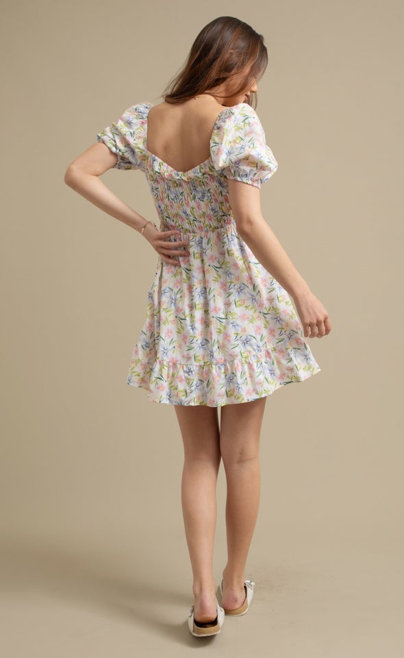 Poplin Shirred Tier Dress Cream/floral