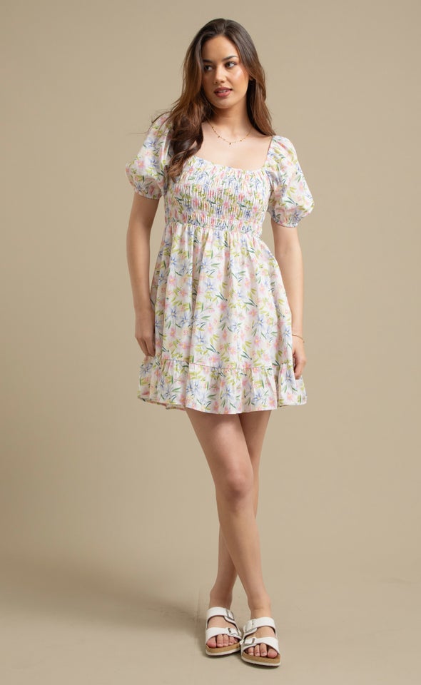 Poplin Shirred Tier Dress Cream/floral