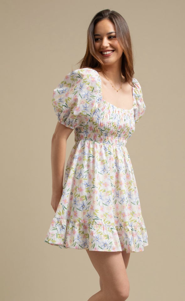 Poplin Shirred Tier Dress Cream/floral