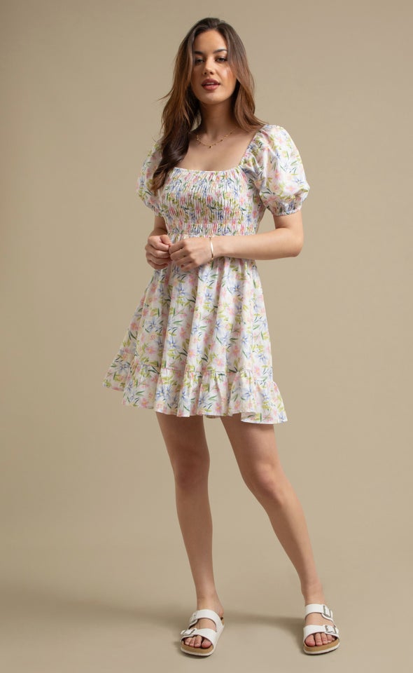 Poplin Shirred Tier Dress Cream/floral