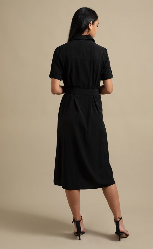 Poplin SS Tie Waist Midi Shirt Dress Black