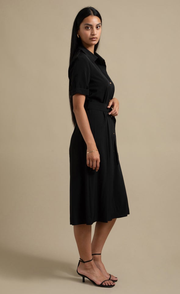 Poplin SS Tie Waist Midi Shirt Dress Black